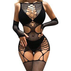 ✨Famstar Women Black Sexy Fishnet Set Bodysuit Teddy Erotic Sheer Mesh Lingerie